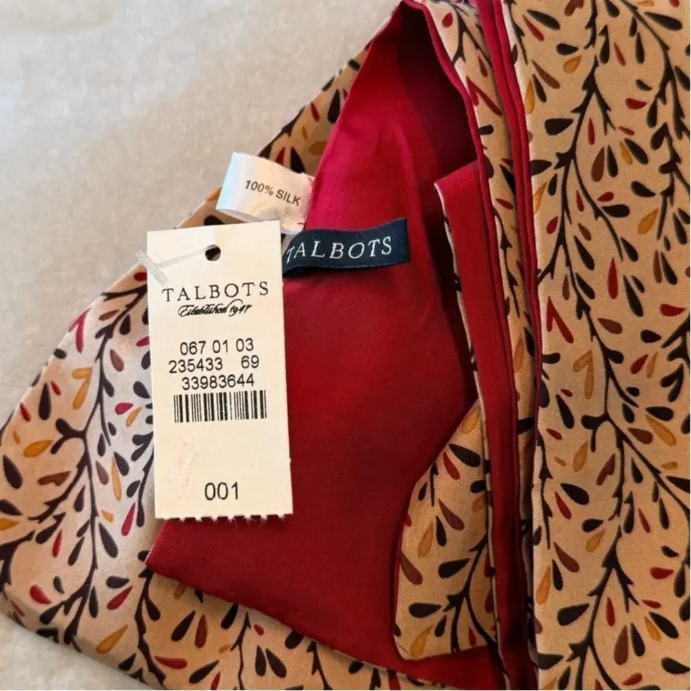 Talbots Reversible 100% Silk Scarf Berry Red Botanical Print NWT
